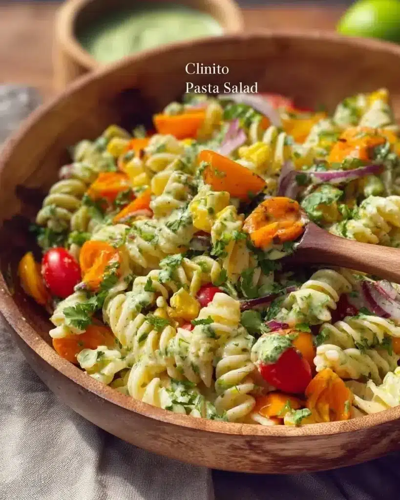 Cilantro-Lime Summer Pasta Salad garnished with fresh herbs and colorful vegetables