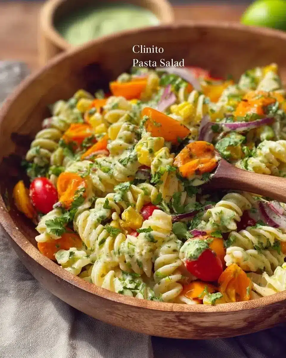 Cilantro-Lime Summer Pasta Salad 1 Cilantro-Lime Summer Pasta Salad garnished with fresh herbs and colorful vegetables