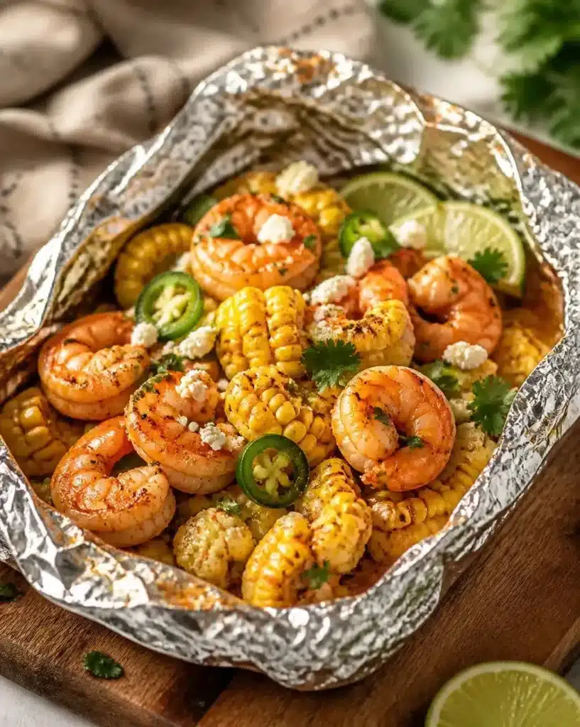 Plate of Citrus-Spiced Shrimp served with foil-wrapped street corn