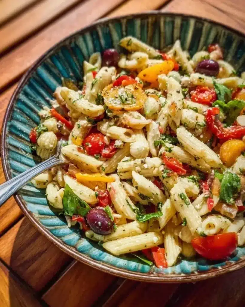Classic Italian pasta salad with fresh vegetables and herbs