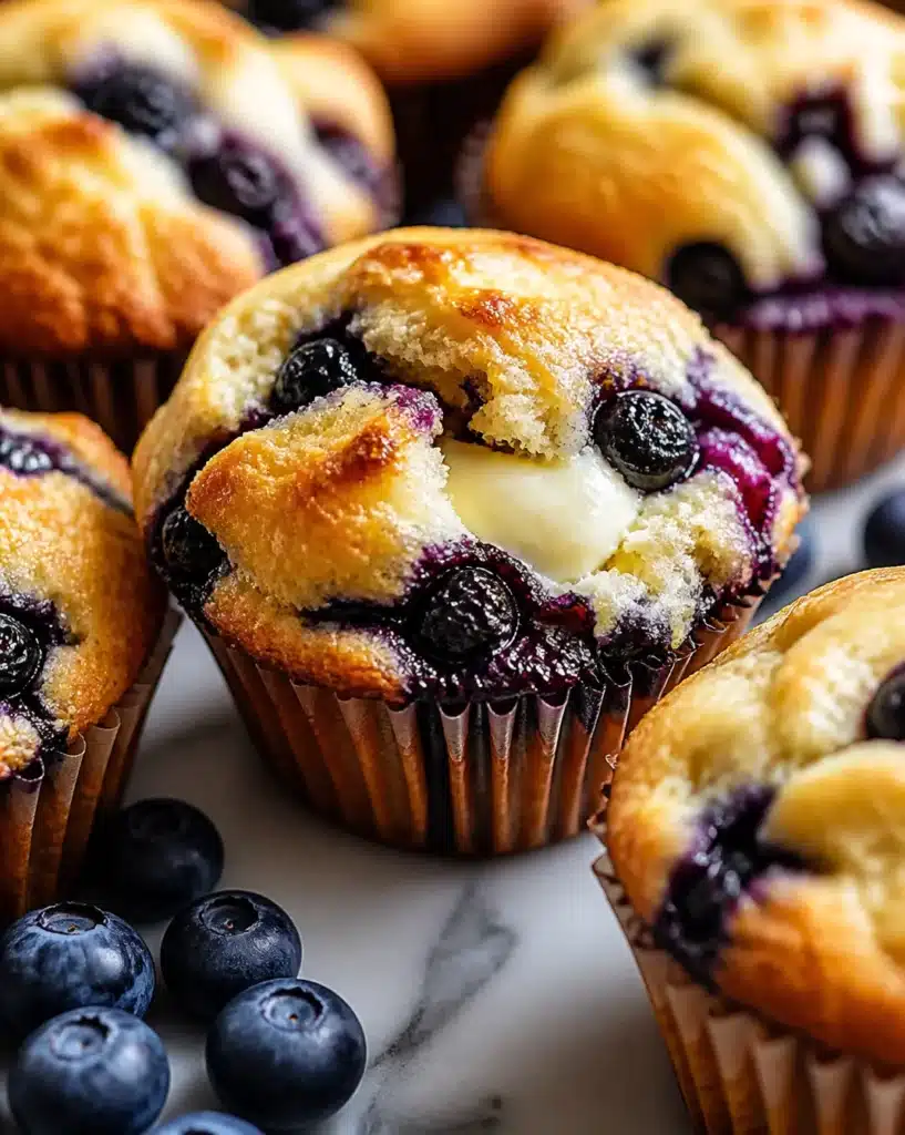 Delicious cream cheese-filled blueberry muffins fresh from the oven
