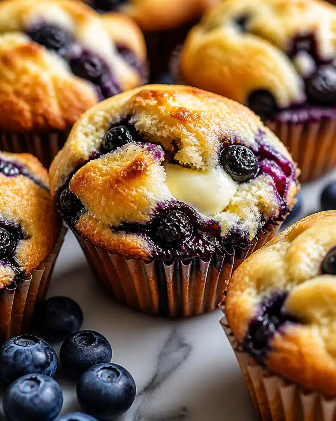 Cream Cheese-Filled Blueberry Muffins 1 Delicious cream cheese-filled blueberry muffins fresh from the oven