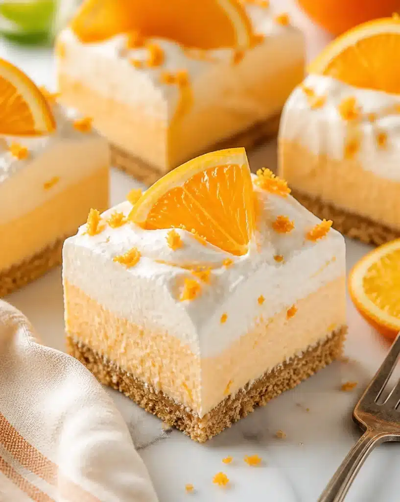 Delicious Creamsicle No-Bake Orange Bars on a white plate