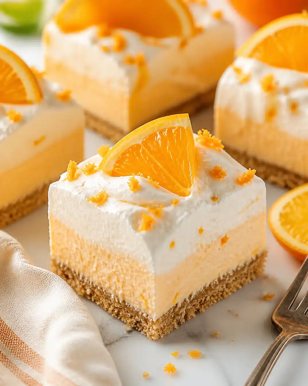 Creamsicle No-Bake Orange Bars 1 Delicious Creamsicle No-Bake Orange Bars on a white plate