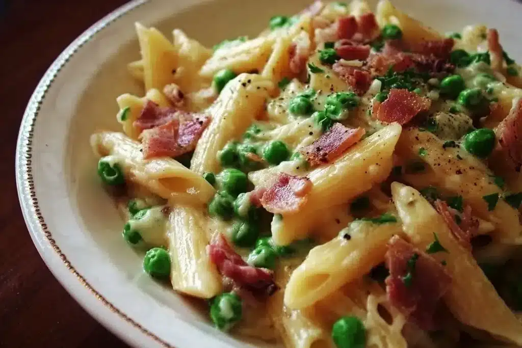 Creamy bacon and pea pasta dish served in a bowl with fresh herbs