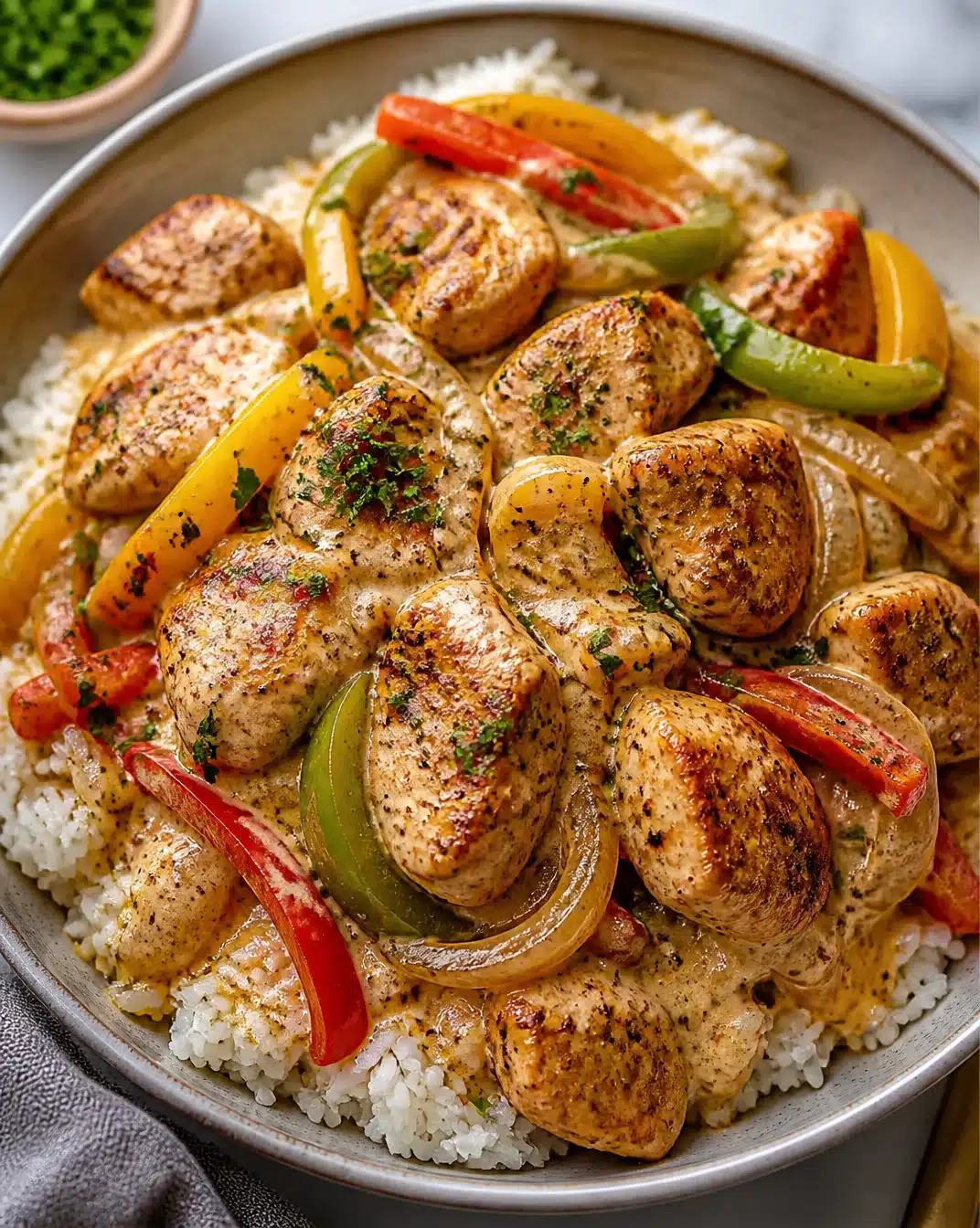 Creamy Cajun chicken rice bowls with vegetables and spices