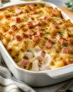 Creamy Chicken Cordon Bleu Casserole with ham and cheese