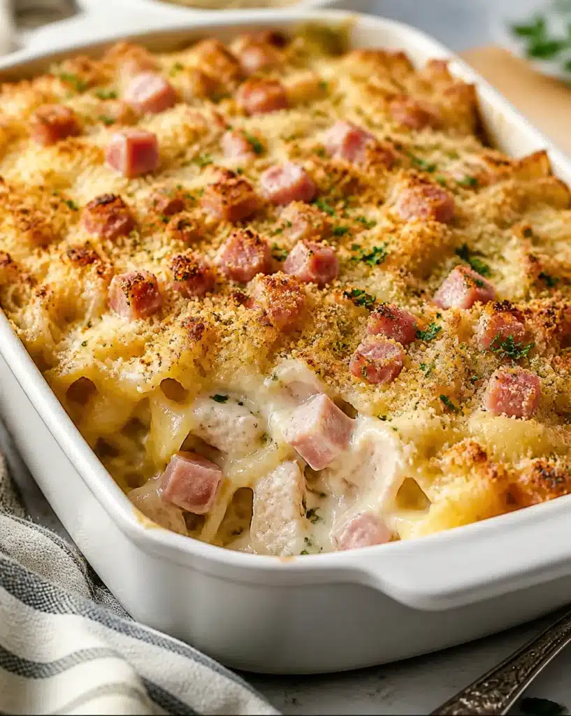 Creamy Chicken Cordon Bleu Casserole with ham and cheese