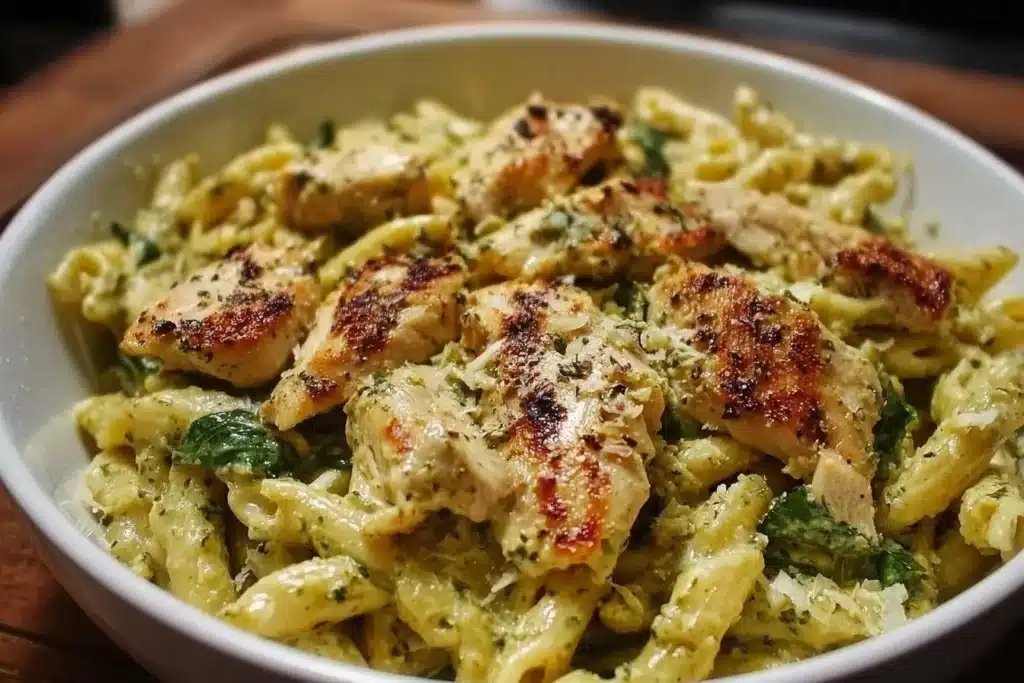 Plate of creamy chicken pesto pasta garnished with Parmesan cheese