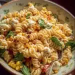 Creamy elote-style street corn pasta salad in a bowl with fresh toppings