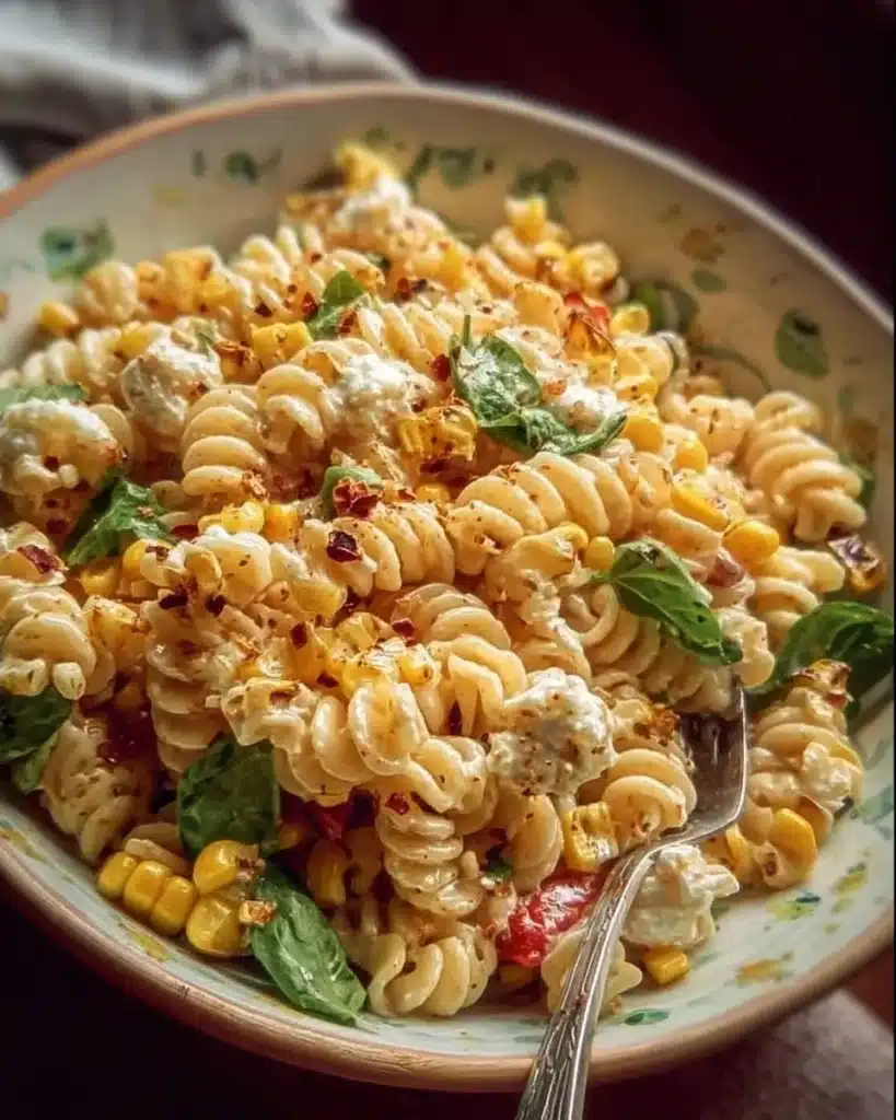 Creamy elote-style street corn pasta salad in a bowl with fresh toppings