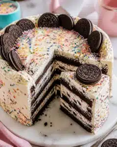 Creamy Funfetti Oreo Icebox Cake dessert on a plate