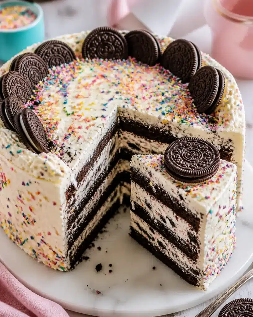 Creamy Funfetti Oreo Icebox Cake dessert on a plate