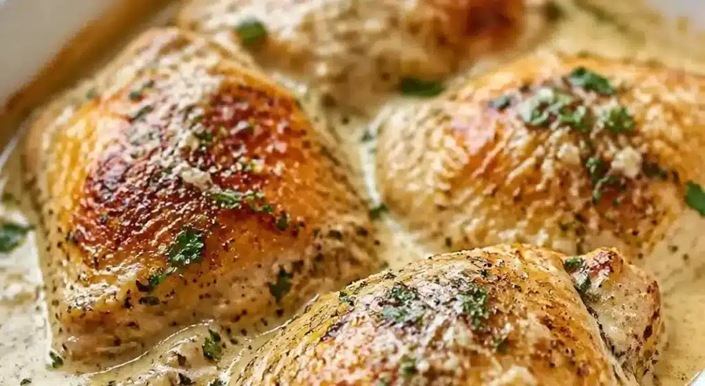Creamy oven baked chicken thighs served on a plate