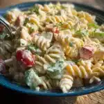 Creamy pasta salad served in a bowl, garnished with fresh herbs and vegetables.
