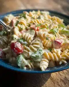 Creamy pasta salad served in a bowl, garnished with fresh herbs and vegetables.
