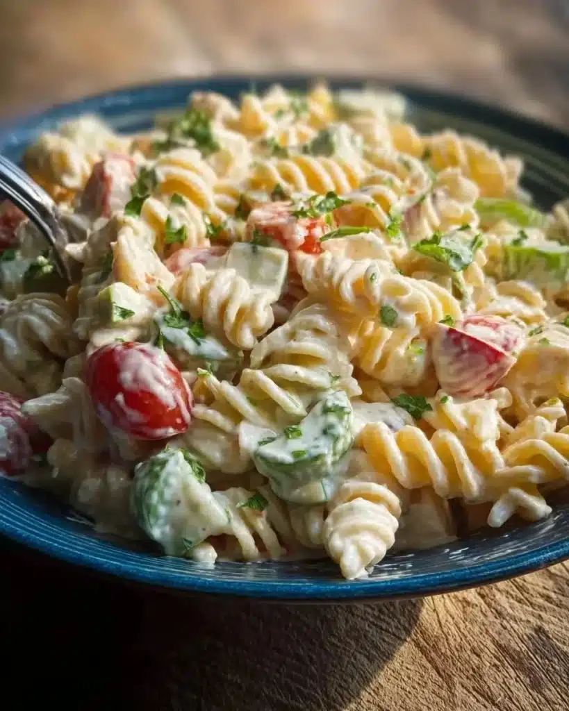 Creamy pasta salad served in a bowl, garnished with fresh herbs and vegetables.