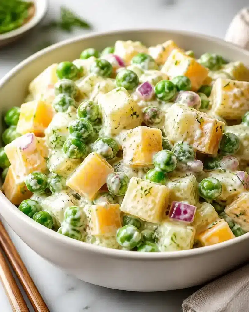 Creamy pea salad with cheese garnished with fresh herbs