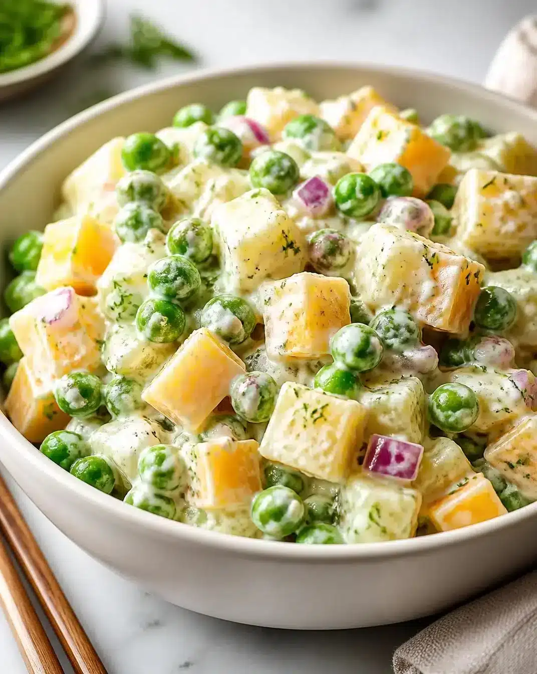 Creamy Pea and Cheese Salad 1 Creamy pea salad with cheese garnished with fresh herbs