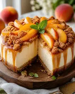 Delicious slice of creamy peach cobbler cheesecake with fresh peach topping