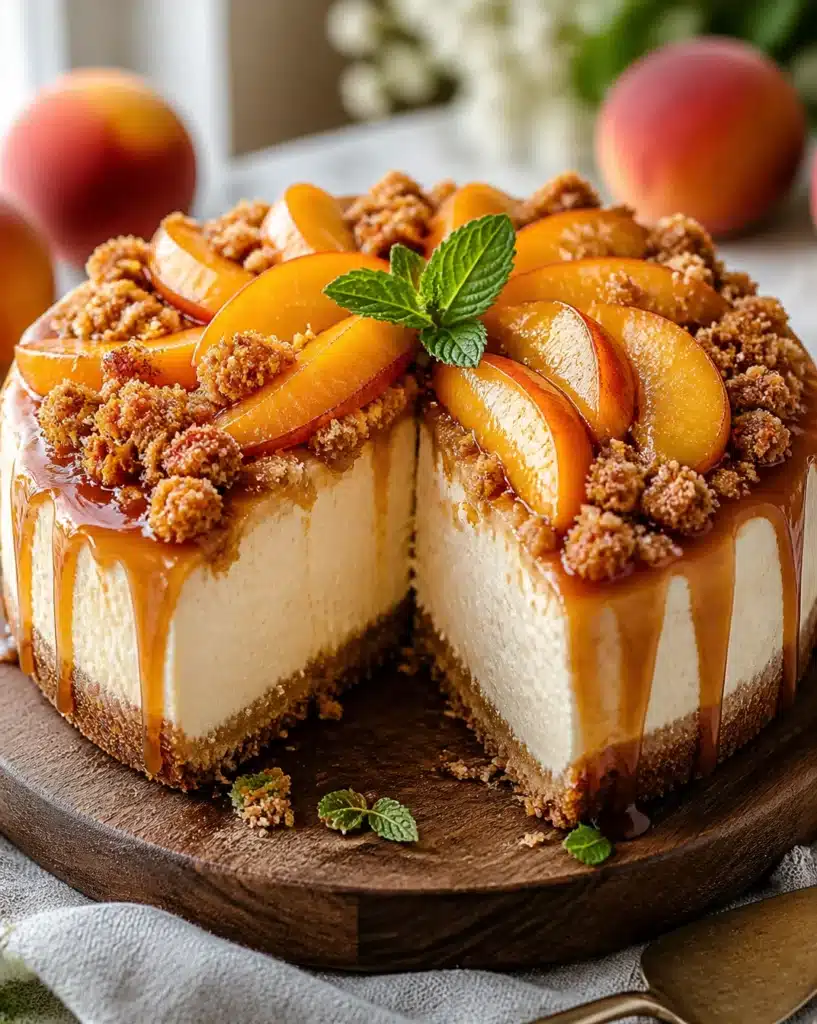 Delicious slice of creamy peach cobbler cheesecake with fresh peach topping