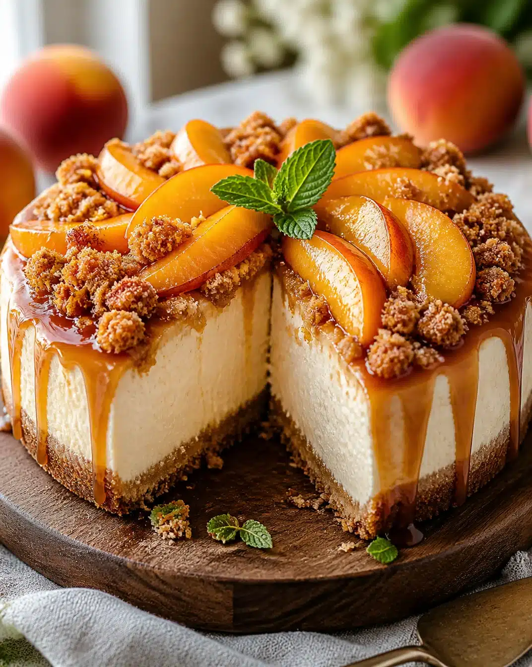 Creamy Peach Cobbler Cheesecake 1 Delicious slice of creamy peach cobbler cheesecake with fresh peach topping