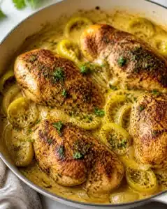 Creamy pepperoncini chicken skillet dish served with colorful vegetables