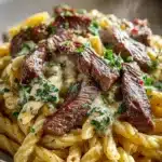 Creamy skillet steak pasta served in a bowl with fresh parsley garnish