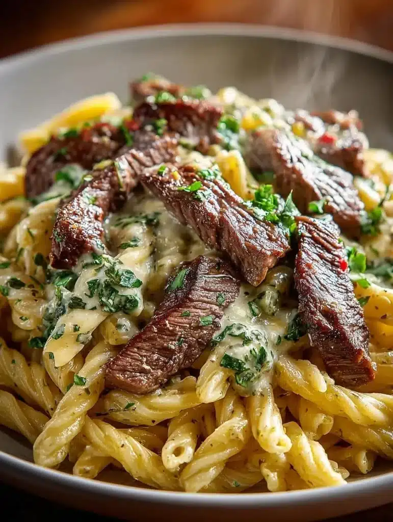 Creamy skillet steak pasta served in a bowl with fresh parsley garnish