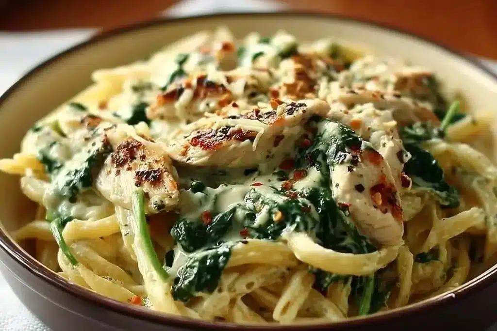 Creamy spinach-pesto chicken pasta dish garnished with fresh basil