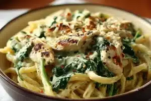 Creamy spinach-pesto chicken pasta dish garnished with fresh basil