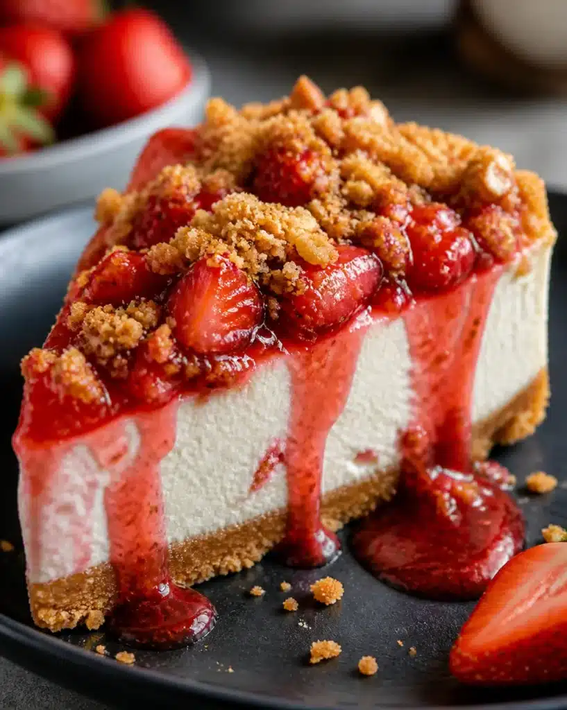 Creamy strawberry crunch cheesecake topped with fresh strawberries and a crunchy crust.
