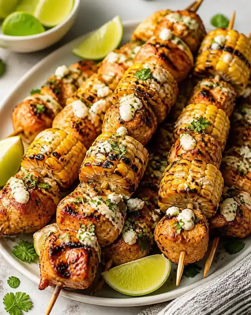 Creamy tangy chicken skewers with charred corn on a grill