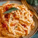 Creamy tomato ricotta pasta dish with fresh herbs and a sprinkle of cheese