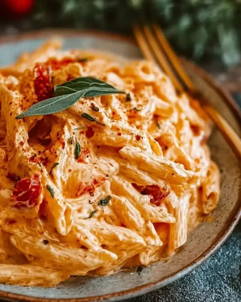 Creamy tomato ricotta pasta dish with fresh herbs and a sprinkle of cheese