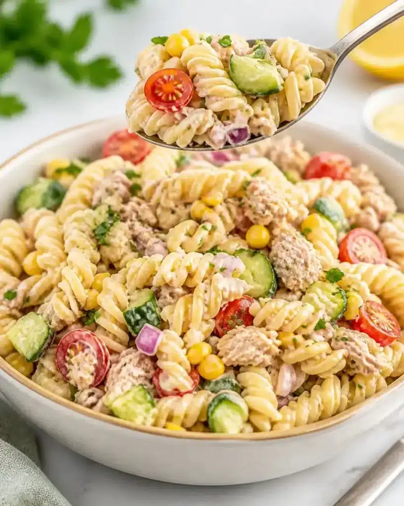 Creamy tuna pasta salad served in a bowl with fresh ingredients