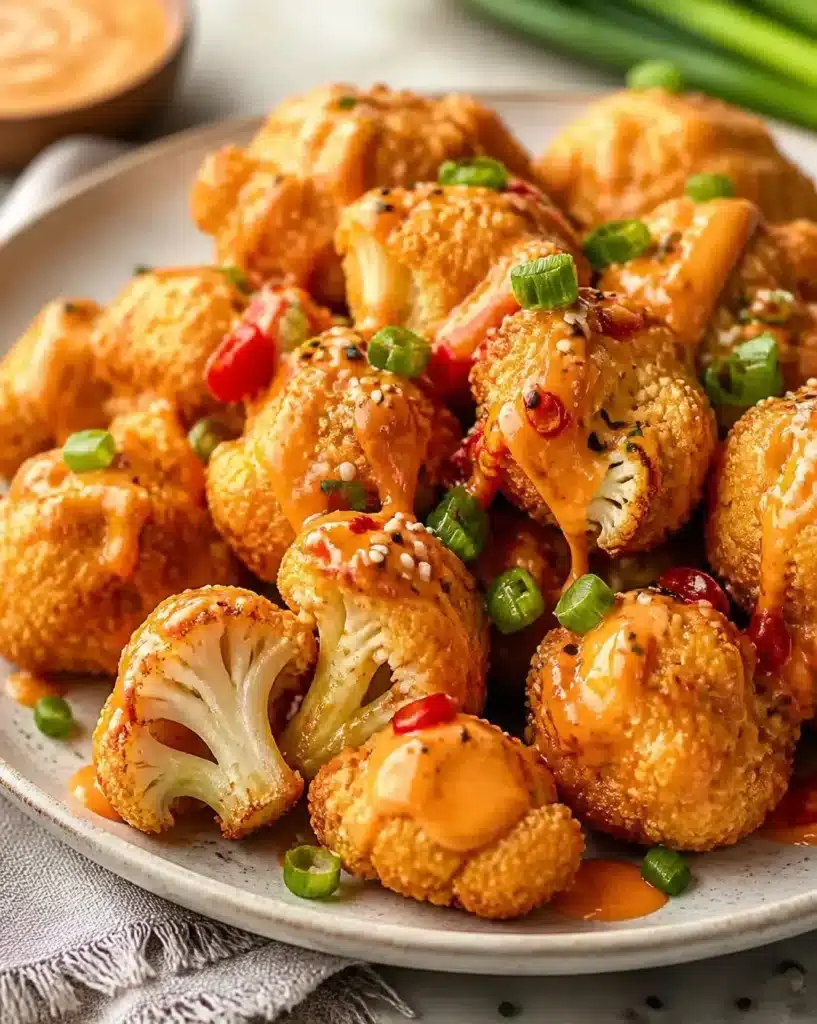 Crispy Cauliflower served with Bang Bang Sauce on a plate