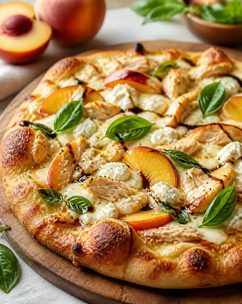 Crispy chicken, peach, and ricotta pizza fresh out of the oven