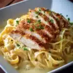 Delicious crispy chicken on creamy pasta, a perfect comfort food dish