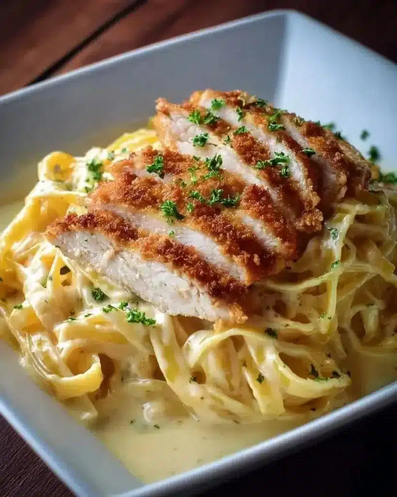 Delicious crispy chicken on creamy pasta, a perfect comfort food dish