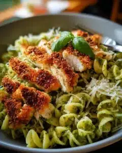 Crispy Parmesan Chicken served with Pesto Pasta