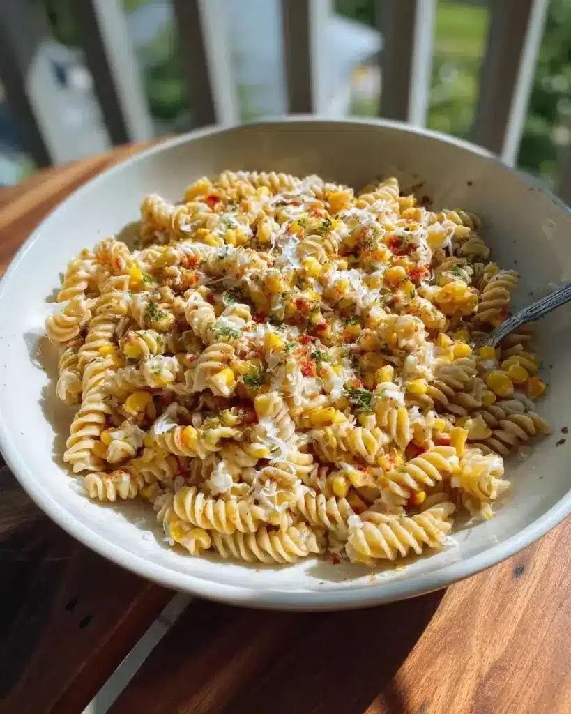 Crispy street corn pasta salad topped with cotija cheese and lime.