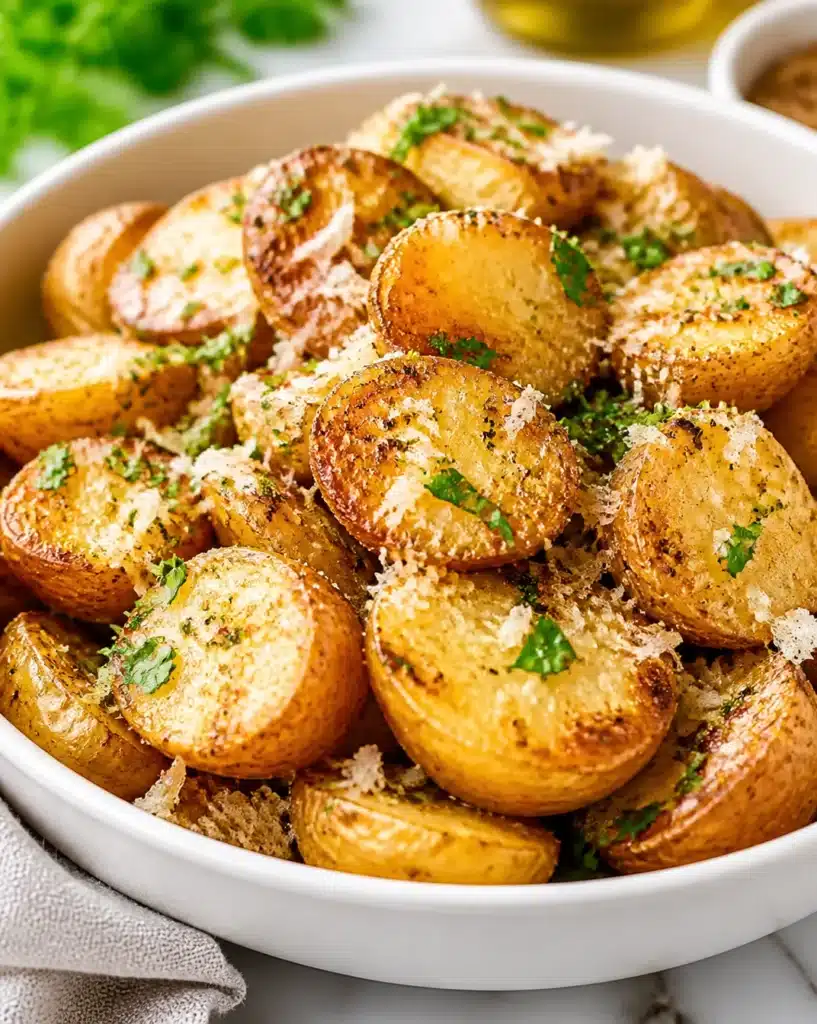 Crockpot Parmesan Potatoes garnished with herbs and served warm.