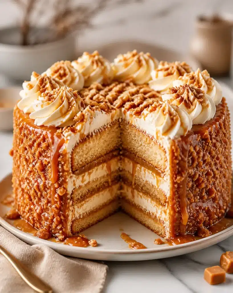 Delicious Crunchy Toffee Layer Cake with rich topping and layers of toffee flavor