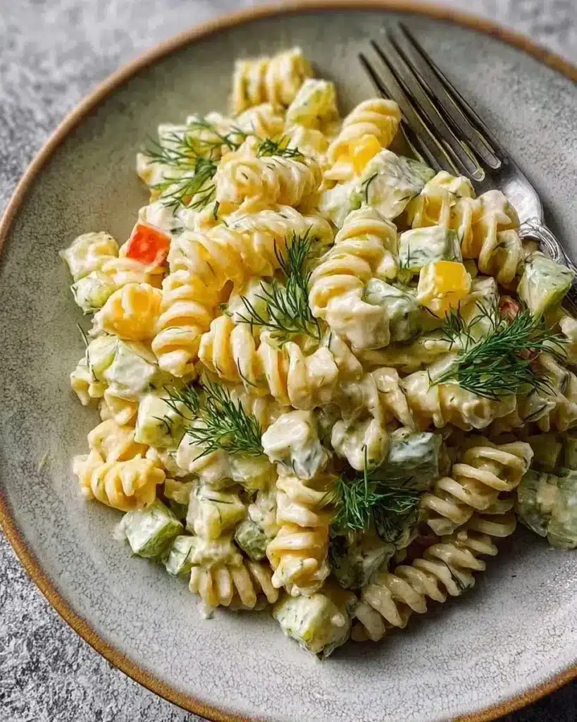 Delicious Dill Pickle Pasta Salad with a zesty twist served in a bowl.