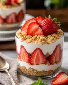 A delicious dreamy strawberry dessert topped with fresh strawberries and whipped cream.