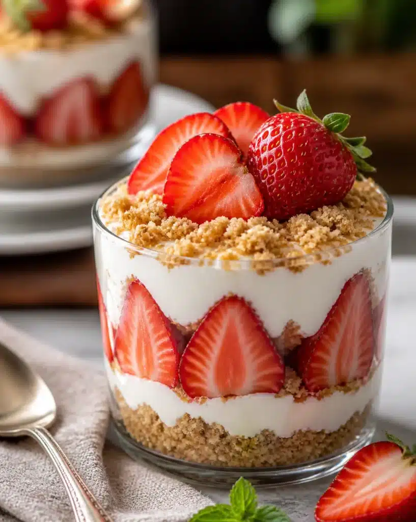 A delicious dreamy strawberry dessert topped with fresh strawberries and whipped cream.