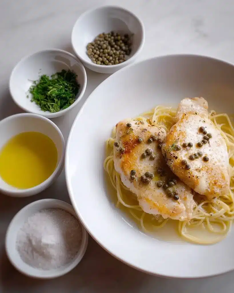 Plate of Epic Weeknight Chicken Piccata Pasta with lemon and capers.