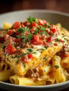 A vibrant dish of Fiesta Beef Pasta with Rotel, showcasing cooked pasta and seasoned beef.