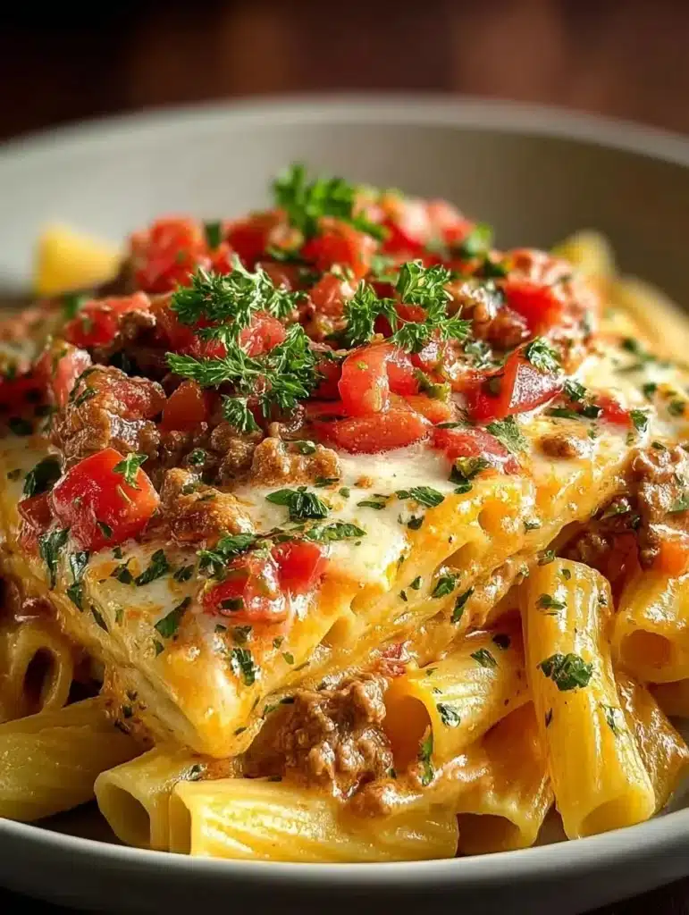 A vibrant dish of Fiesta Beef Pasta with Rotel, showcasing cooked pasta and seasoned beef.